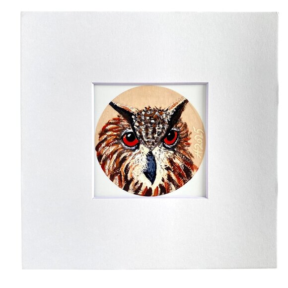 Art Print of Owl Acrylic Painting 8x8in White Mat Frame Ready Wall Art - Picture 2 of 3